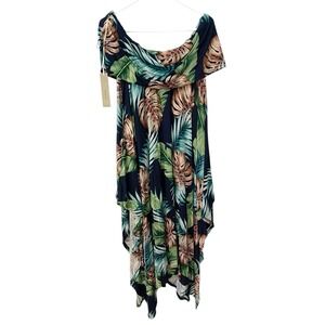 NEW Love‎ In Large Navy Tropical Palm Leaf Off Shoulder Handkerchief Hem Dress